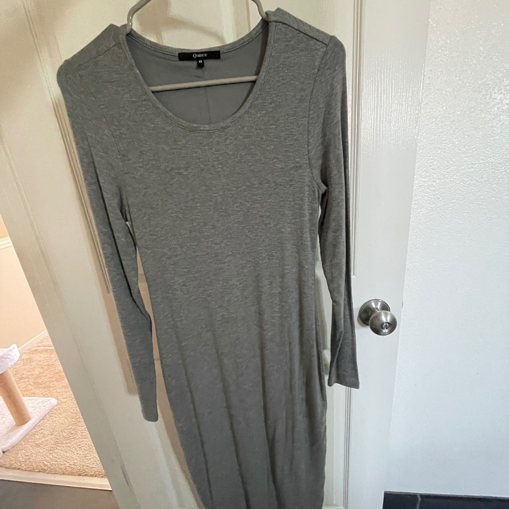 Quince Tencel Rib Knit Long Sleeve Dress - S - Light Grey